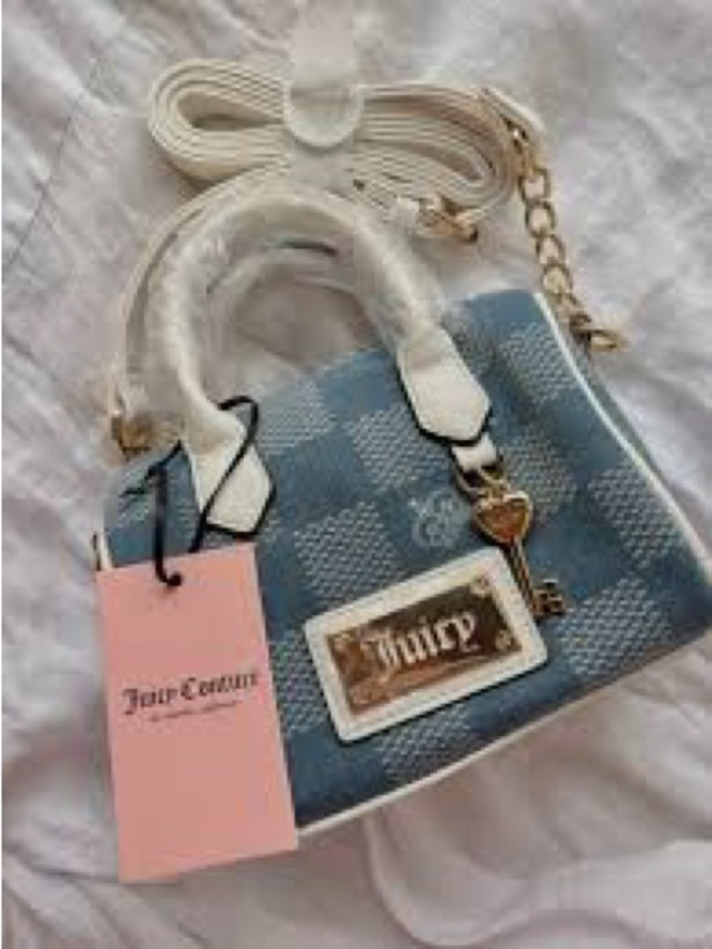 Juicy Couture Miss Independent Blue Plaid Satchel with White Trim and Gold Charm